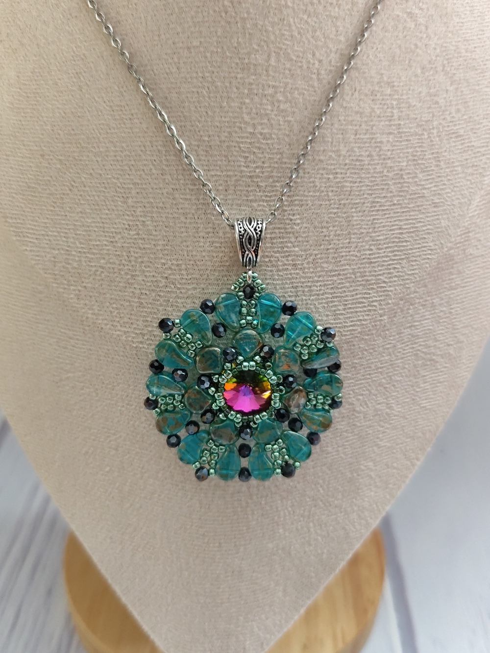 Teal Crystal Floral Pendant Necklace